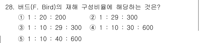 산업안전지도사 2024년 28번 - F. Bird의 구조에서 비율인 1:10:30:600은 각 구성 요소의 ... 에 관한 핵심 기출문제