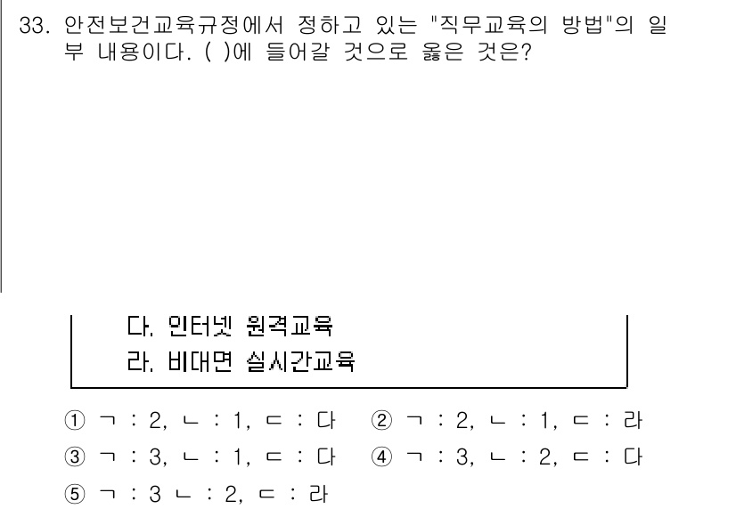 산업안전지도사 2024년 33번 - . 

안전보건교육 규정에서 "직무교육의 방법"은 다양한 교육 형태를 포... 에 관한 핵심 기출문제