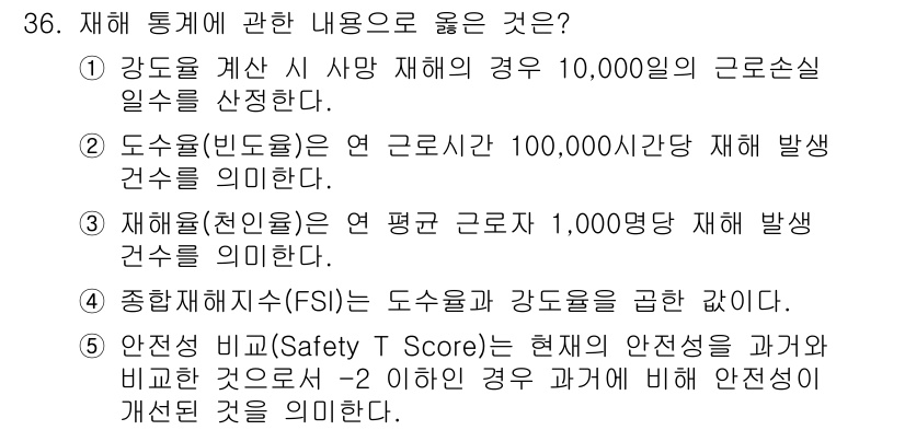 산업안전지도사 2024년 36번 - . 안전점수(Safety T Score)는 현재의 안전성을 과거와 비교하... 에 관한 핵심 기출문제