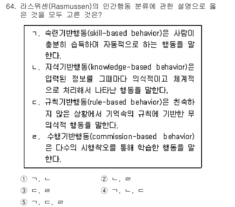 산업안전지도사 2024년 64번 - 정답인 이유는 숙련기반행동(skill-based behavior)이 주어... 에 관한 핵심 기출문제