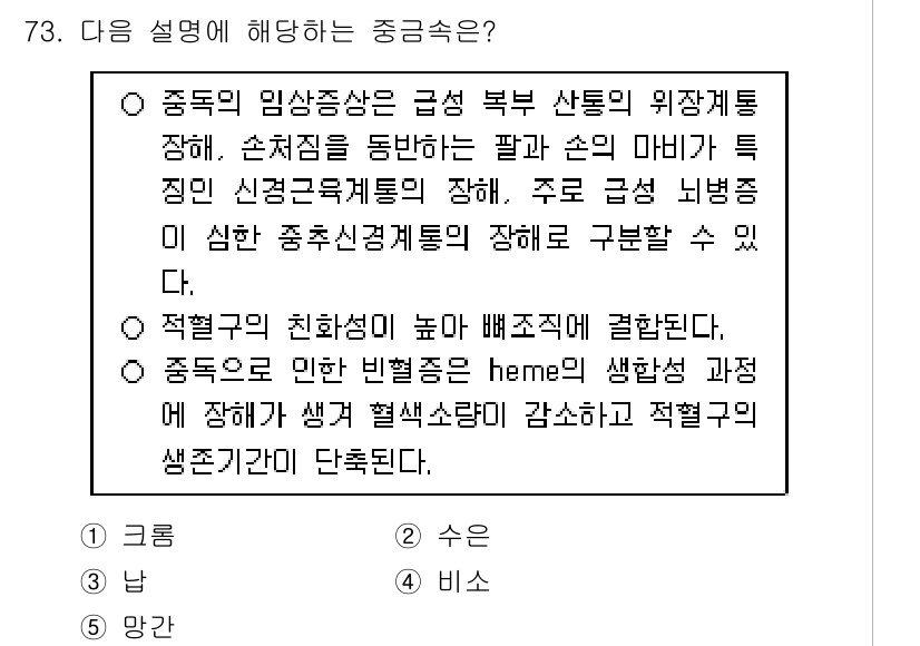 산업안전지도사 2024년 73번 - 중독의 임상상은 급성 노출 시 나타나는 증상으로, 손상된 팔과 손의 미비... 에 관한 핵심 기출문제
