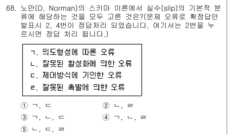 산업안전지도사 2025년 67번 - . 의도형성에 대한 오류.

핵심 해설: 노먼의 연구에 따르면, 시스템의... 에 관한 핵심 기출문제
