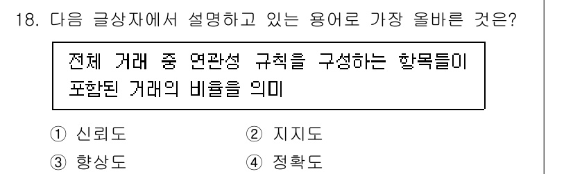 전자상거래관리사_1급 2025년 18번 - 정답은 2번 "지지도"입니다. 지지도는 전체 거래 중 특정 항목이 거래에... 에 관한 핵심 기출문제