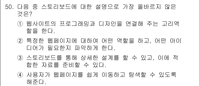 전자상거래관리사_1급 2025년 50번 - 4번은 사용자 경험에 대한 설명이 부족하여 올바르지 않다. 스토리보드는 ... 에 관한 핵심 기출문제