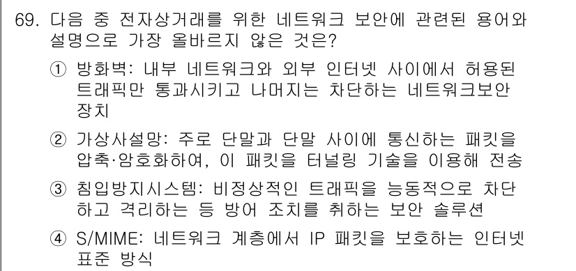 전자상거래관리사_1급 2025년 69번 - . S/MIME: 네트워크 계층에서 IP 패킷을 보호하는 인터넷 표준 방... 에 관한 핵심 기출문제