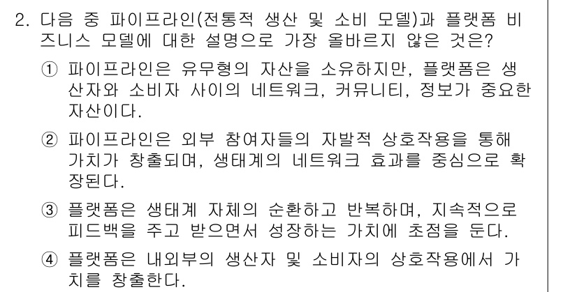 전자상거래관리사_2급 2025년 2번 - . 

외부 참여자의 자원 상호작용은 가치 창출의 핵심 요소로, 생태계의... 에 관한 핵심 기출문제