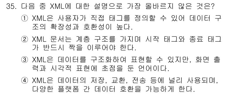 전자상거래관리사_2급 2025년 35번 - 3번이 정답인 이유는 XML의 주요 목적이 데이터의 저장과 전송을 위한 ... 에 관한 핵심 기출문제