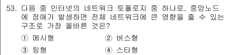 전자상거래관리사_2급 2025년 53번 - . 스다형

스다형 구조는 중앙 노드에 장애가 발생하면 전체 네트워크에 ... 에 관한 핵심 기출문제