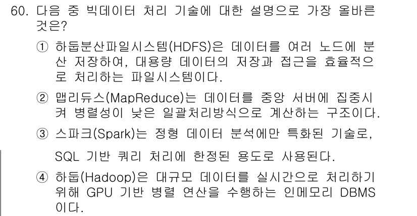 전자상거래관리사_2급 2025년 60번 - . 

정당한 이유는 HDFS(하둡 분산 파일 시스템)는 대용량 데이터를... 에 관한 핵심 기출문제