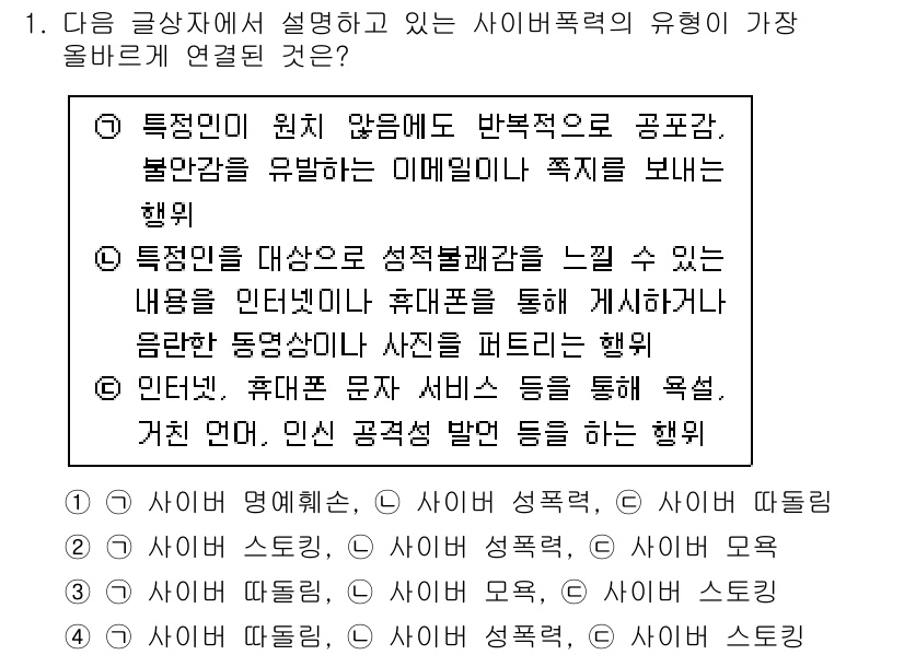 전자상거래운용사 2025년 1번 - 핵심 해설: 사이버폭력은 주로 익명성을 통한 반응을 유도하며, 피해자가 ... 에 관한 핵심 기출문제