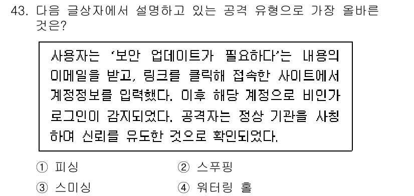 전자상거래운용사 2025년 43번 - . 피싱

정답인 이유: 피싱은 사용자의 미비밀번호를 노리고, 가짜 웹사... 에 관한 핵심 기출문제