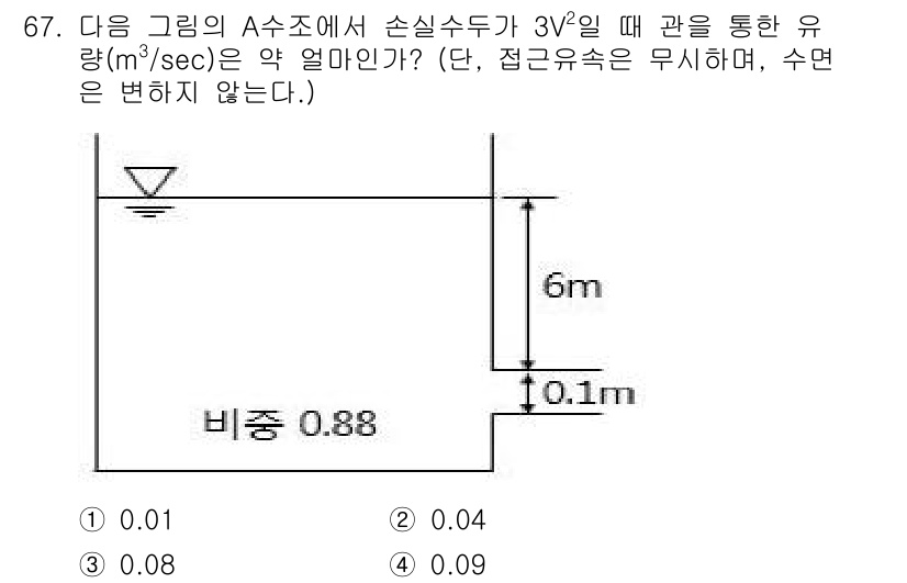 정수시설운영관리사_1급_1차 2020년 67번 - 주어진 조건에서, 유량은 베르누이 방정식이나 연속 방정식을 사용하여 계산... 에 관한 핵심 기출문제