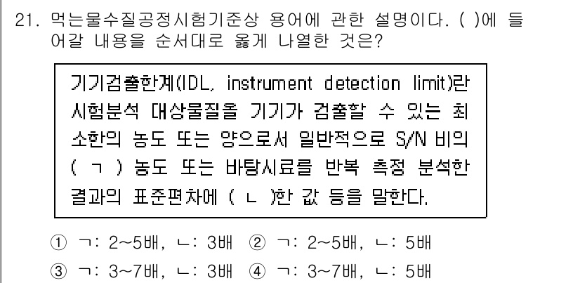 정수시설운영관리사_1급_1차 2023년 21번 - 기기검출한계(IDL)는 시료의 질량이나 양에 따라 신뢰할 수 있는 최소 ... 에 관한 핵심 기출문제