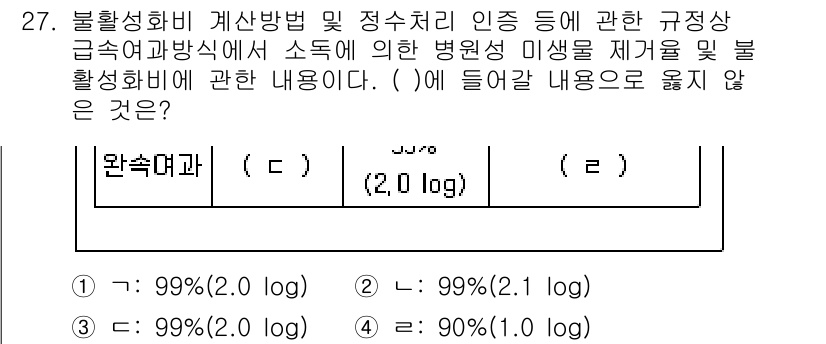 정수시설운영관리사_1급_1차 2023년 27번 - 다층 구조에서의 불활성화 비율은 특정 로그 값을 사용하여 계산됩니다. 9... 에 관한 핵심 기출문제