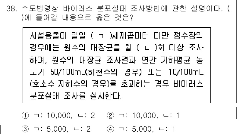 정수시설운영관리사_1급_1차 2023년 38번 - 주어진 문제에서 수돗물의 품질을 유지하기 위해 정수시설의 운영 관리가 중... 에 관한 핵심 기출문제