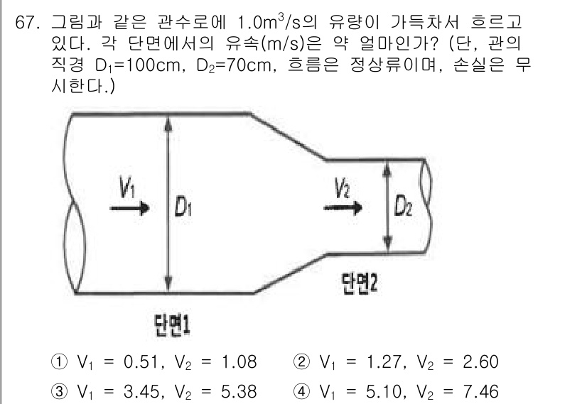 정수시설운영관리사_1급_1차 2023년 69번 - 주어진 유량과 관의 직경을 고려하면, 베르누이 방정식을 적용하여 각 단면... 에 관한 핵심 기출문제