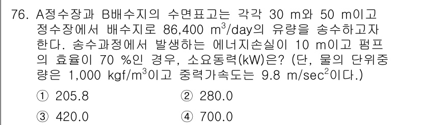 정수시설운영관리사_2급_1차 2020년 76번 - 에너지 손실을 고려한 경우, 펌프에서의 입력 전력이 필요하며, 이 전력을... 에 관한 핵심 기출문제