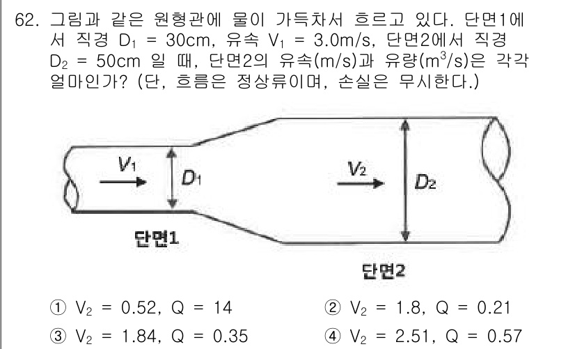 정수시설운영관리사_2급_1차 2023년 63번 - 단면적이 다른 두 지점에서 유량 보존의 법칙을 적용합니다. 두 지점의 유... 에 관한 핵심 기출문제
