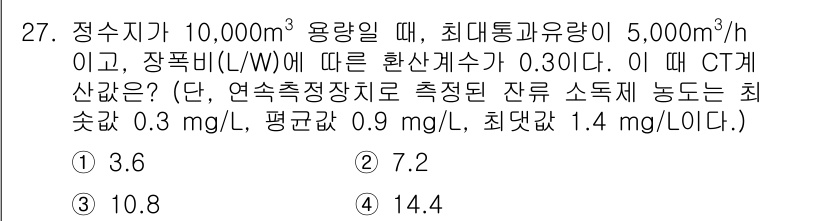 정수시설운영관리사_2급_1차 2024년 27번 - CT계산은 다음과 같이 이루어집니다: CT = C × T로, C는 균질화... 에 관한 핵심 기출문제