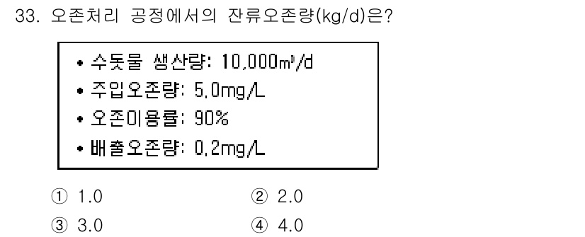 정수시설운영관리사_2급_1차 2024년 33번 - 잔류오존량(kg/d)은 수돗물 생산량과 배출오존 농도를 이용해 계산할 수... 에 관한 핵심 기출문제