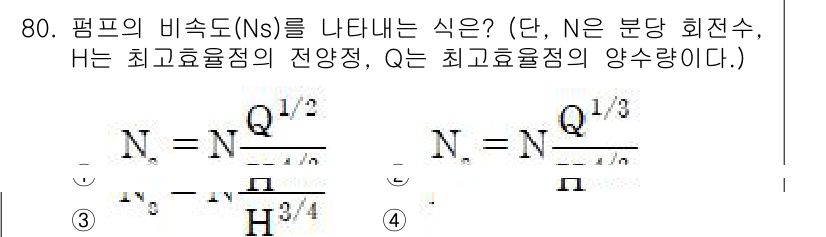 정수시설운영관리사_3급_1차 2024년 80번 - 평균 비속도(Ns)는 유량(Q)과 회전수(N) 간의 관계를 나타내는 지표... 에 관한 핵심 기출문제