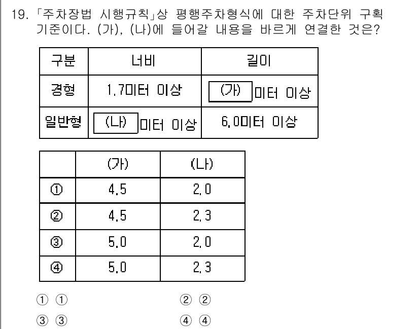 9급_국가직_공무원_건축계획 2025년 19번 - 주차장법 시행규칙에 따르면, 평행주차형식의 주차기준은 차량의 너비와 길이... 에 관한 핵심 기출문제