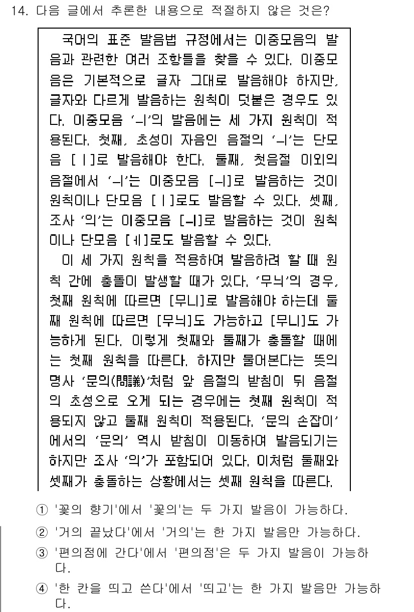 9급_국가직_공무원_국어 2025년 14번 - 정답 2번은 '국어의 표준 발음법 규정에 대한 설명'과 관련이 없기 때문... 에 관한 핵심 기출문제