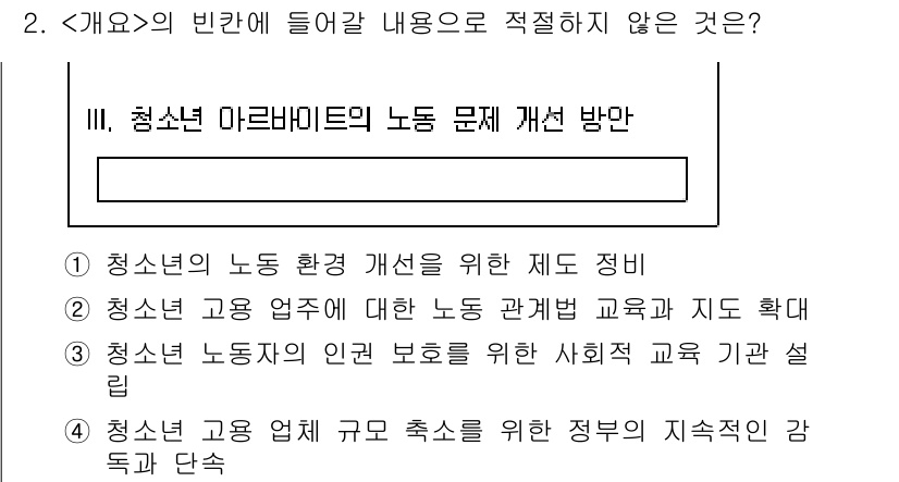 9급_국가직_공무원_국어 2025년 2번 - . 청소년 고용 정책 규모 축소는 정부의 지속적인 감독과 단속을 의미하지... 에 관한 핵심 기출문제