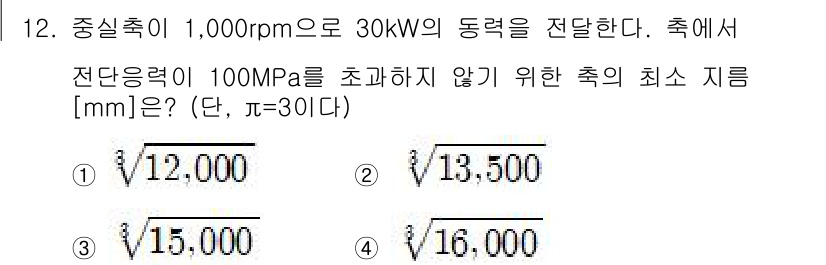 9급_국가직_공무원_기계설계 2025년 12번 - 문제에서 주어진 동력을 고려할 때, 축의 회전 속도와 필요한 전단 응력을... 에 관한 핵심 기출문제