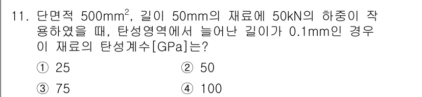 9급_국가직_공무원_기계일반 2025년 11번 - 탄성계수(E)는 하중이 걸렸을 때의 변형률과 관련이 있습니다. 주어진 하... 에 관한 핵심 기출문제