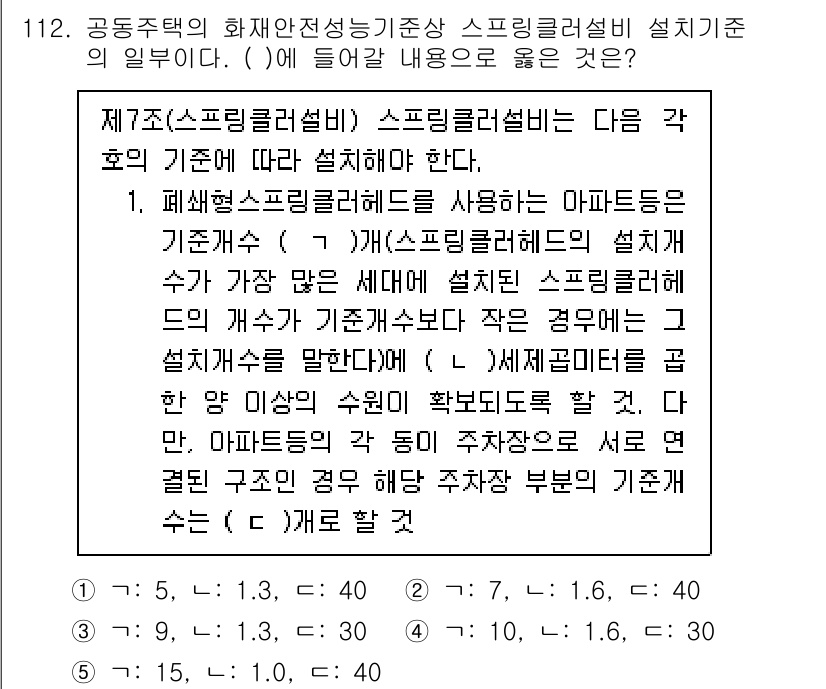 주택관리사보_1차 2025년 112번 - 정답이 4번인 이유는, 스프링클러설비의 설치기준에 따라 물리적 요건이 중... 에 관한 핵심 기출문제