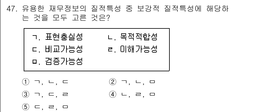 주택관리사보_1차 2025년 47번 - 정답은 5번, 이해가능성입니다. 재무정보의 질적 특성 중 하나로, 사용자... 에 관한 핵심 기출문제