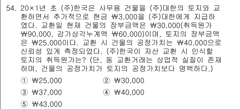 주택관리사보_1차 2025년 54번 - 주어진 문제는 토지의 장부금액과 공정가치를 비교하는 내용이다. (주)한국... 에 관한 핵심 기출문제