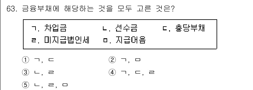 주택관리사보_1차 2025년 63번 - 정답인 2번은 차입금, 선수금, 지급어음이 모두 금융부채에 해당하기 때문... 에 관한 핵심 기출문제
