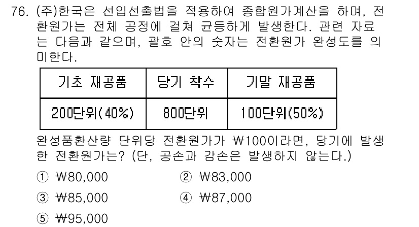 주택관리사보_1차 2025년 76번 - 주어진 문제에서 전환원가는 100원의 기준으로, 기초 재공품과 당기착수의... 에 관한 핵심 기출문제