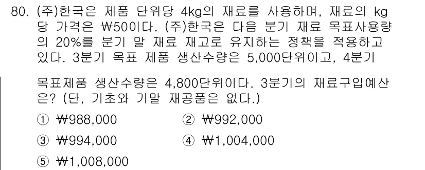 주택관리사보_1차 2025년 80번 - 주어진 문제는 재료 사용량과 가격에 따른 비용을 계산하는 문제입니다. 재... 에 관한 핵심 기출문제