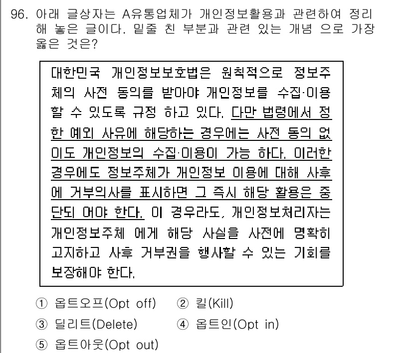 유통관리사_1급 2025년 96번 - 유통업체는 고객의 개인정보를 수집하고 활용할 때, 반드시 관련 법률을 준... 에 관한 핵심 기출문제