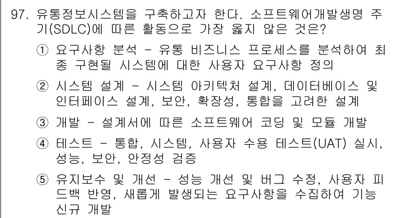 유통관리사_1급 2025년 97번 - 소프트웨어 개발 생명 주기(SDLC)는 주로 시스템 설계와 개발에 집중되... 에 관한 핵심 기출문제