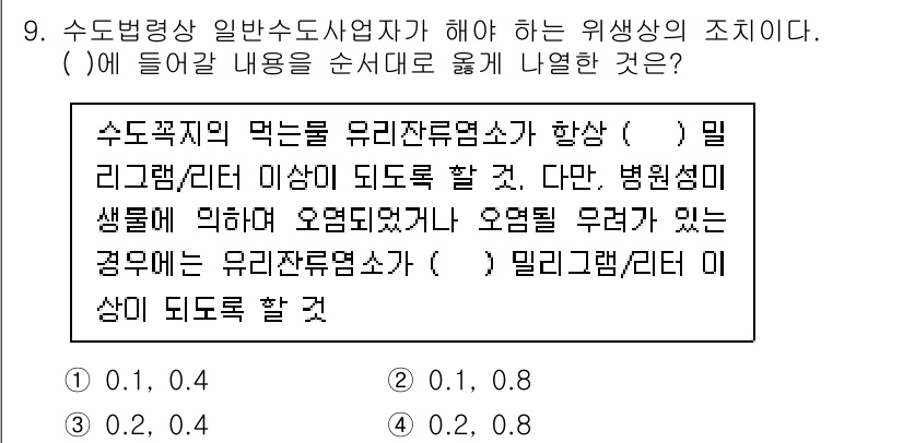 정수시설운영관리사_1급_1차 2025년 9번 - 주어진 문장은 수돗물의 품질과 관련된 내용으로 보인다. 미생물의 오염이 ... 에 관한 핵심 기출문제
