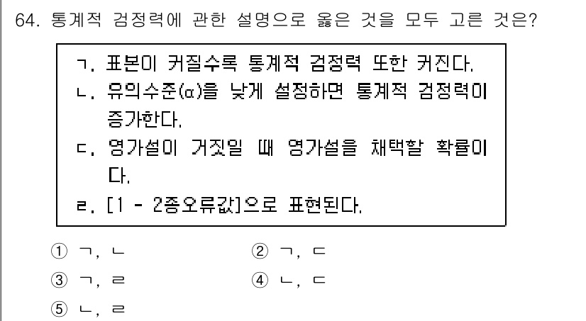 청소년상담사_1급(1교시)(구) 2025년 64번 - 정답 3번이 올바른 이유는 다음과 같습니다. 통계적 검정력은 연구에서 실... 에 관한 핵심 기출문제