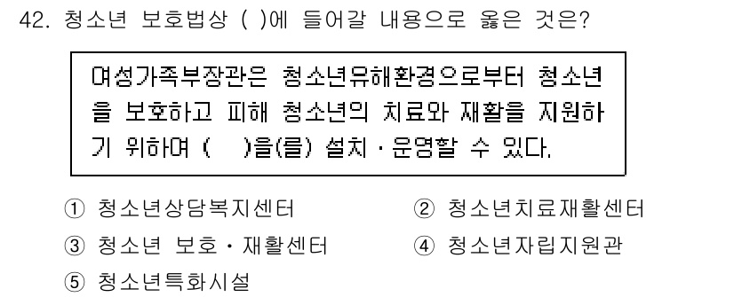 청소년상담사_1급(1교시) 2025년 42번 - 청소년 보호와 치유, 재활을 도모하는 역할은 청소년 재활센터가 가장 적합... 에 관한 핵심 기출문제