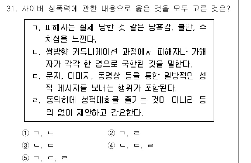 청소년상담사_1급(2교시)(구) 2025년 31번 - 정답인 5번은 성적 메시지를 통해 행동이 표현된다는 점에서 성폭력의 특성... 에 관한 핵심 기출문제