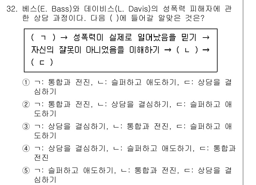 청소년상담사_1급(2교시)(구) 2025년 32번 - 베스와 데이비스의 상담 과정에서 성폭력의 실체를 이해하고, 피해자가 자신... 에 관한 핵심 기출문제