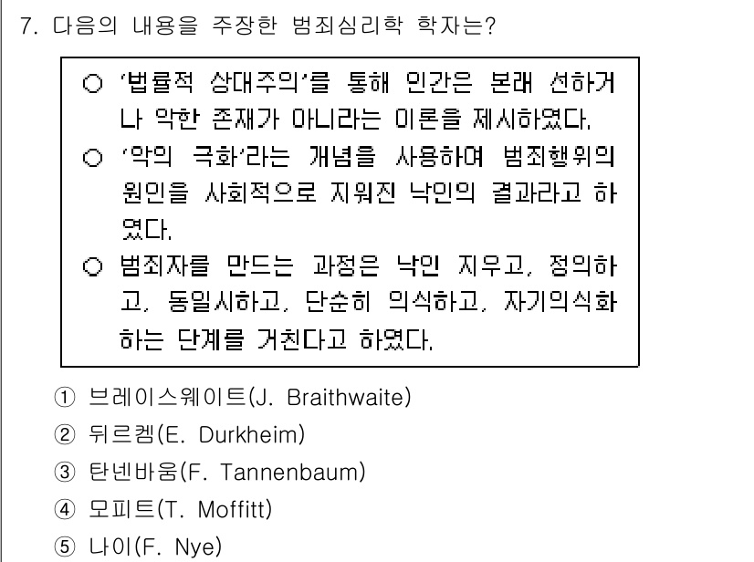 청소년상담사_1급(2교시)(구) 2025년 7번 - 정답은 3번, 튜넨바움(F. Tannenbaum)입니다. 그는 범죄 행동... 에 관한 핵심 기출문제