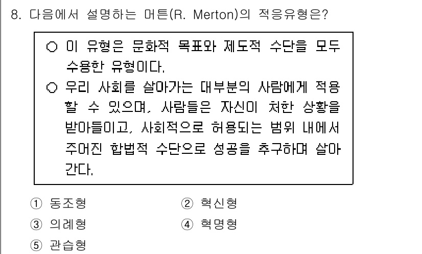 청소년상담사_1급(2교시)(구) 2025년 8번 - Merton의 적응유형에서 설명하는 것은 '의례형'이다. 의례형은 사회적... 에 관한 핵심 기출문제