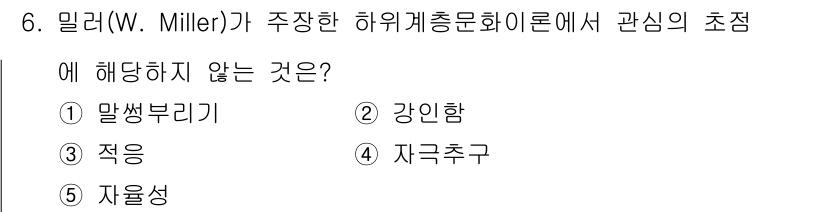 청소년상담사_1급(2교시) 2025년 6번 - 정답은 3번 '적용'입니다. 밀러의 하위계층문화이론은 주로 심리적 및 사... 에 관한 핵심 기출문제