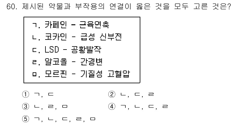 청소년상담사_1급(2교시) 2025년 60번 - 정답 4번 '모르핀 - 기절성 고혈압'이 올바르다. 모르핀은 중추신경계 ... 에 관한 핵심 기출문제
