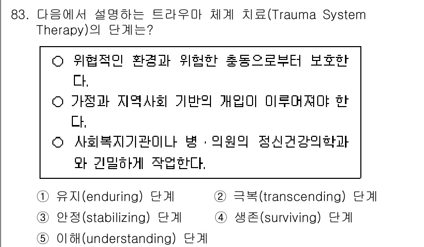 청소년상담사_1급(2교시) 2025년 83번 - 트라우마 치료의 단계 중 '이해(understanding)' 단계는 피해... 에 관한 핵심 기출문제
