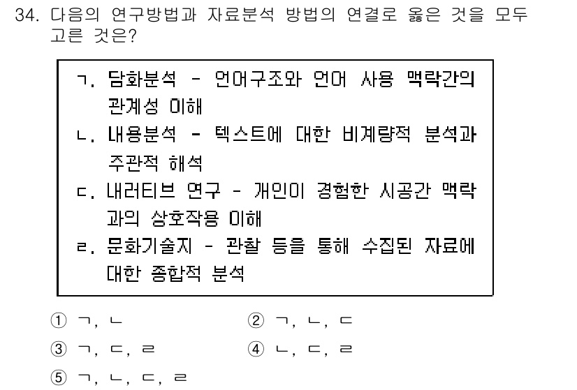 청소년상담사_2급(1교시)(구) 2025년 34번 - 정답 3번인 '내용분석'은 텍스트의 의미를 해석하고 주제를 파악하는 방법... 에 관한 핵심 기출문제