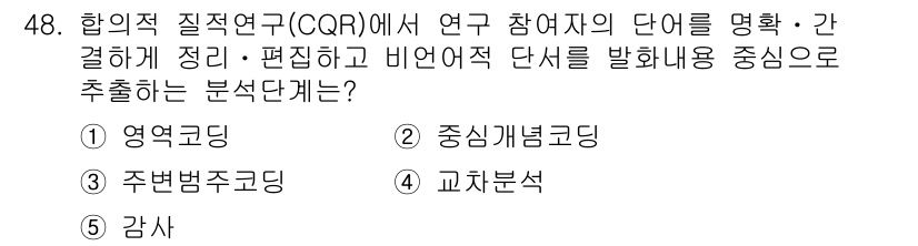 청소년상담사_2급(1교시)(구) 2025년 48번 - . 

합적 질적 연구(QCR)에서는 연구 참여자의 단어를 명확하고 일관... 에 관한 핵심 기출문제